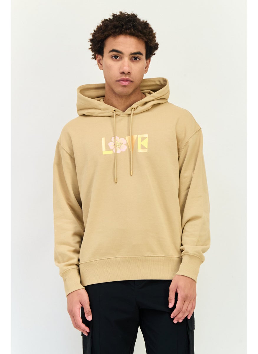 Men Long Sleeves Graphic Print Hoodie, Beige