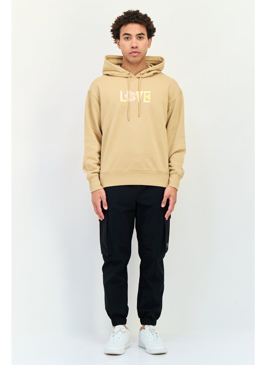 Men Long Sleeves Graphic Print Hoodie, Beige