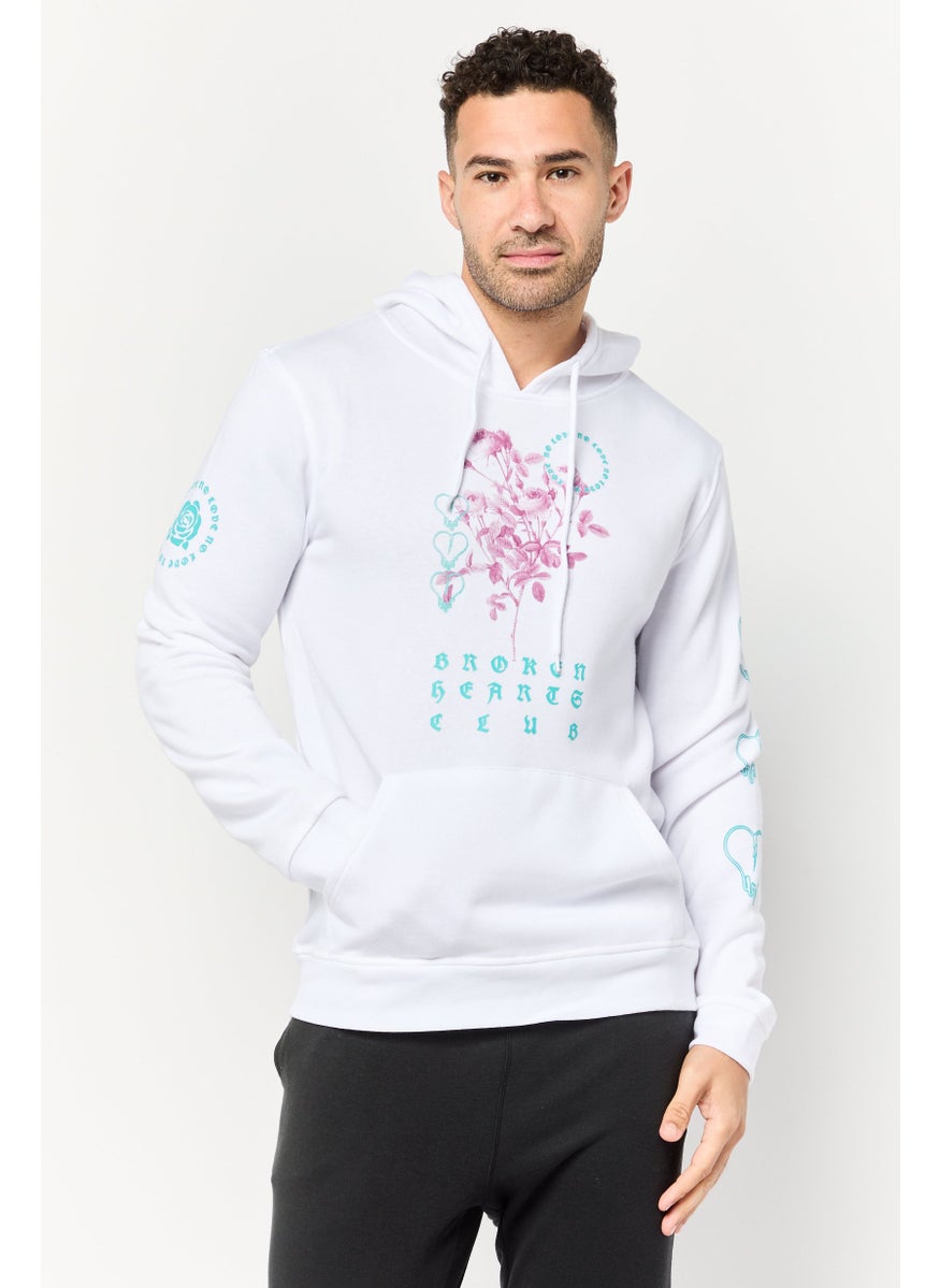 Men Graphic Print Long Sleeve Hoodies, White