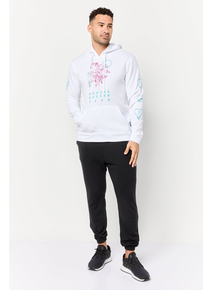 Men Graphic Print Long Sleeve Hoodies, White