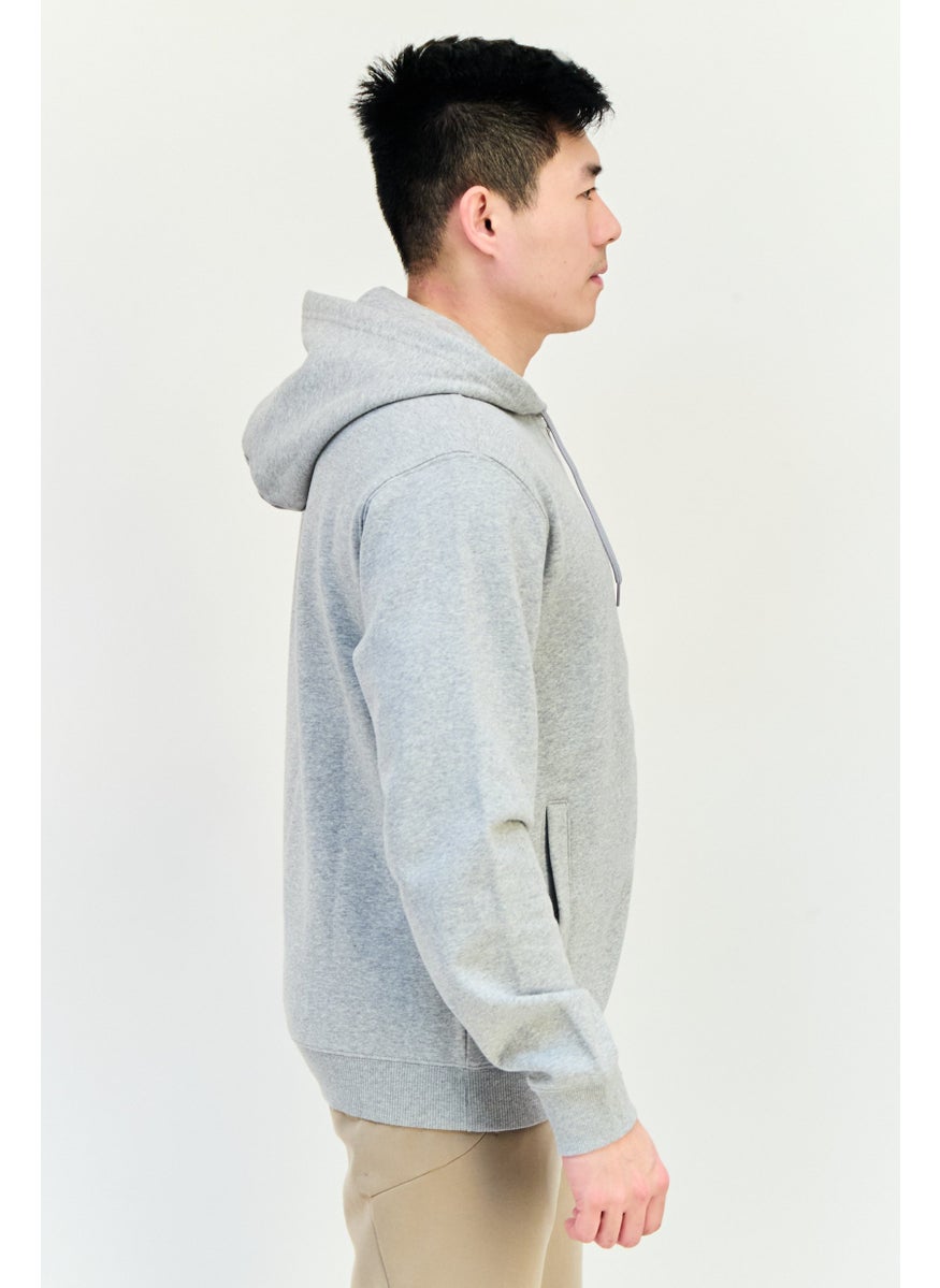Men Sportswear Fit Embroidered Logo Long Sleeves Outdoor Hoodie, Grey