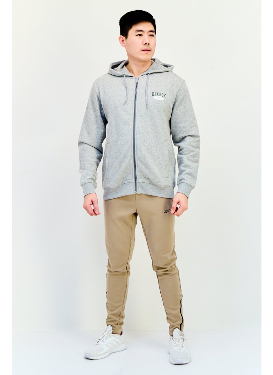 Men Sportswear Fit Embroidered Logo Long Sleeves Outdoor Hoodie, Grey