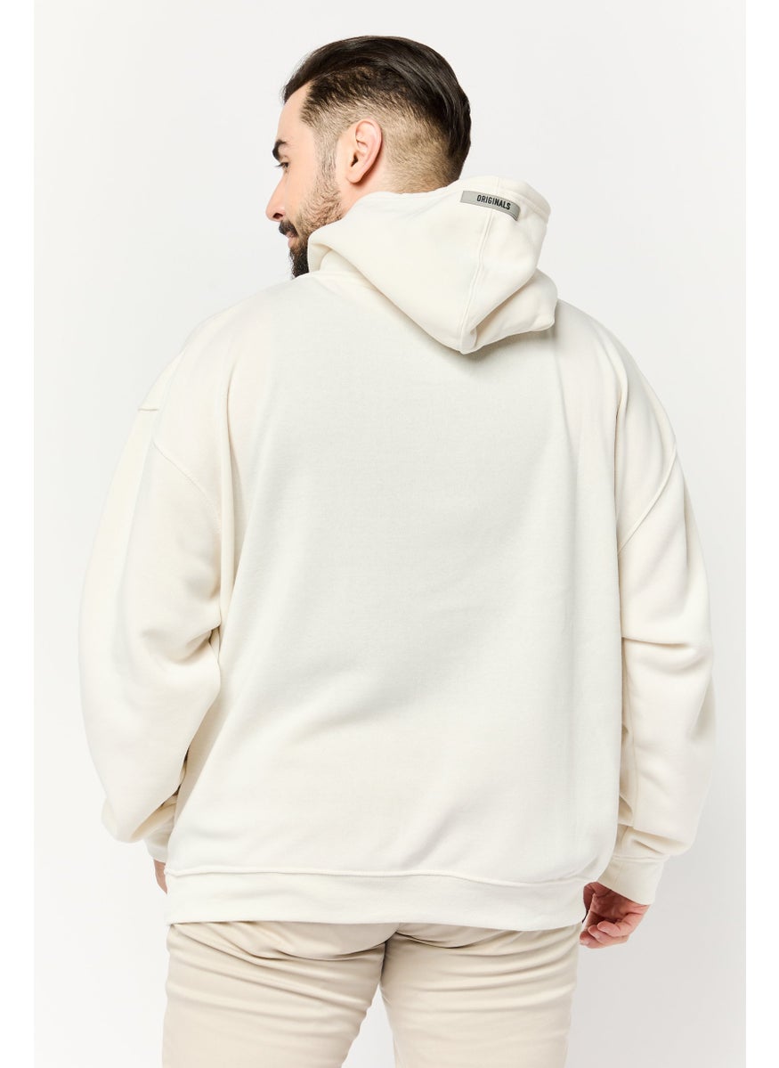 Men Graphic Print Long Sleeve Hoodie, Cream