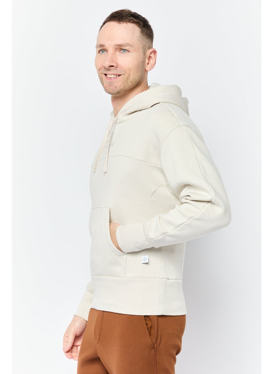 Men Sportswear Fit Embroidered Logo Outdoor Hoodie, Light Beige
