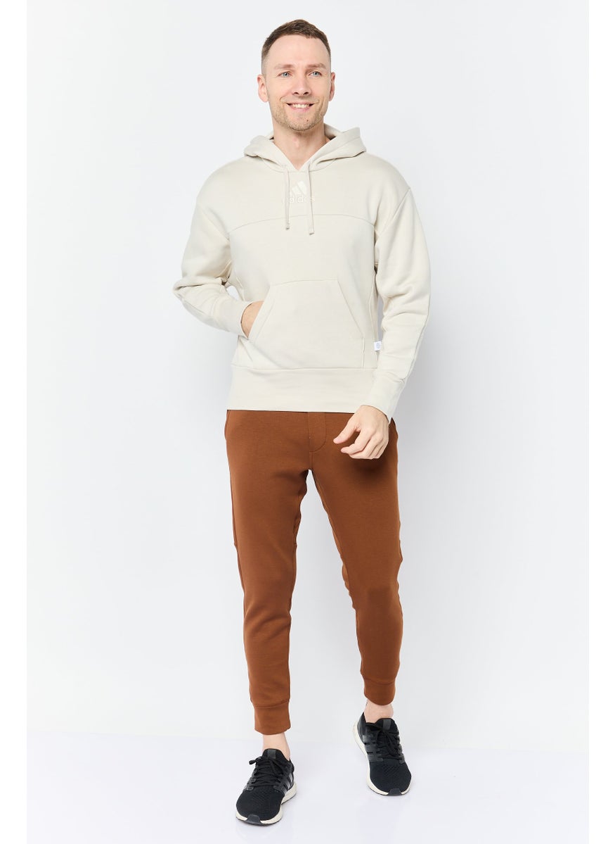 Men Sportswear Fit Embroidered Logo Outdoor Hoodie, Light Beige