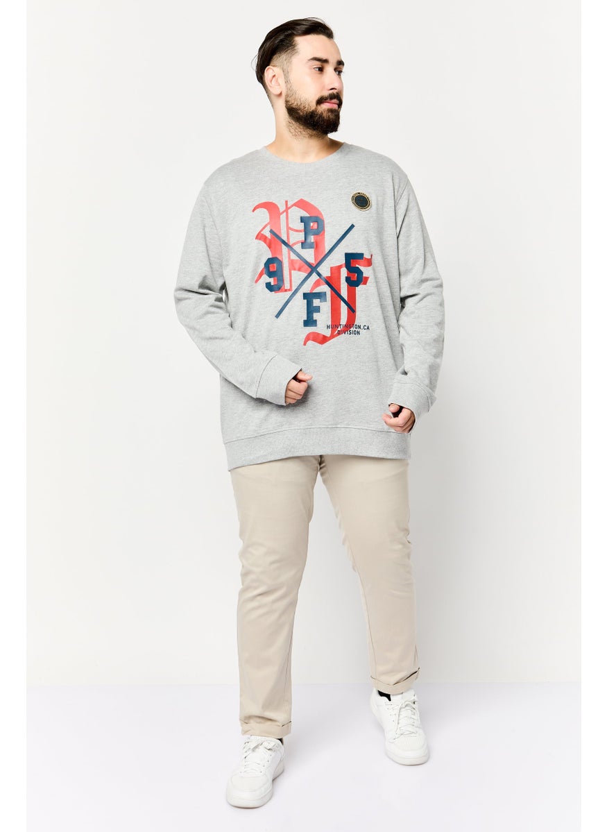 Men Crew Neck Long Sleeves Graphic Print Sweatshirt, Grey
