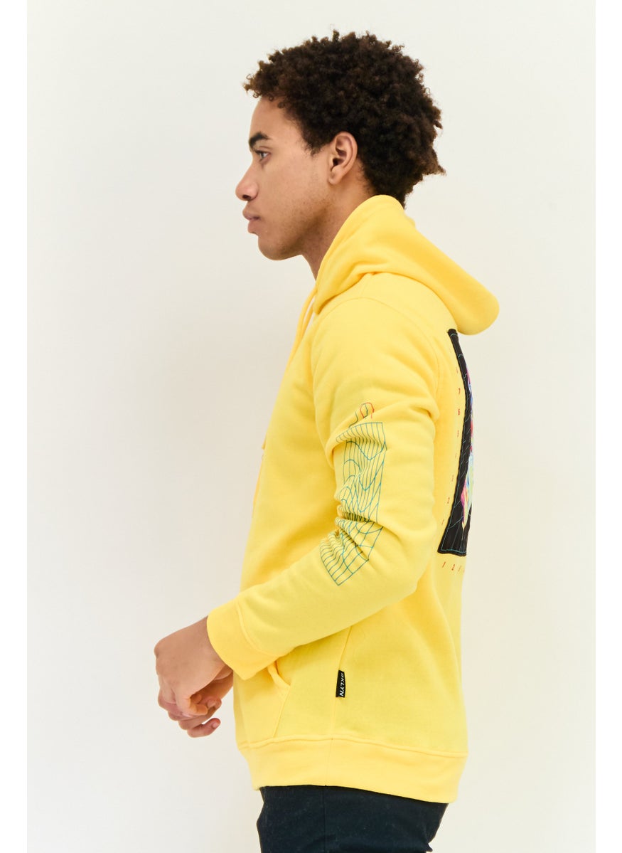 Men Hooded Graphic Print Sweatshirts, Yellow