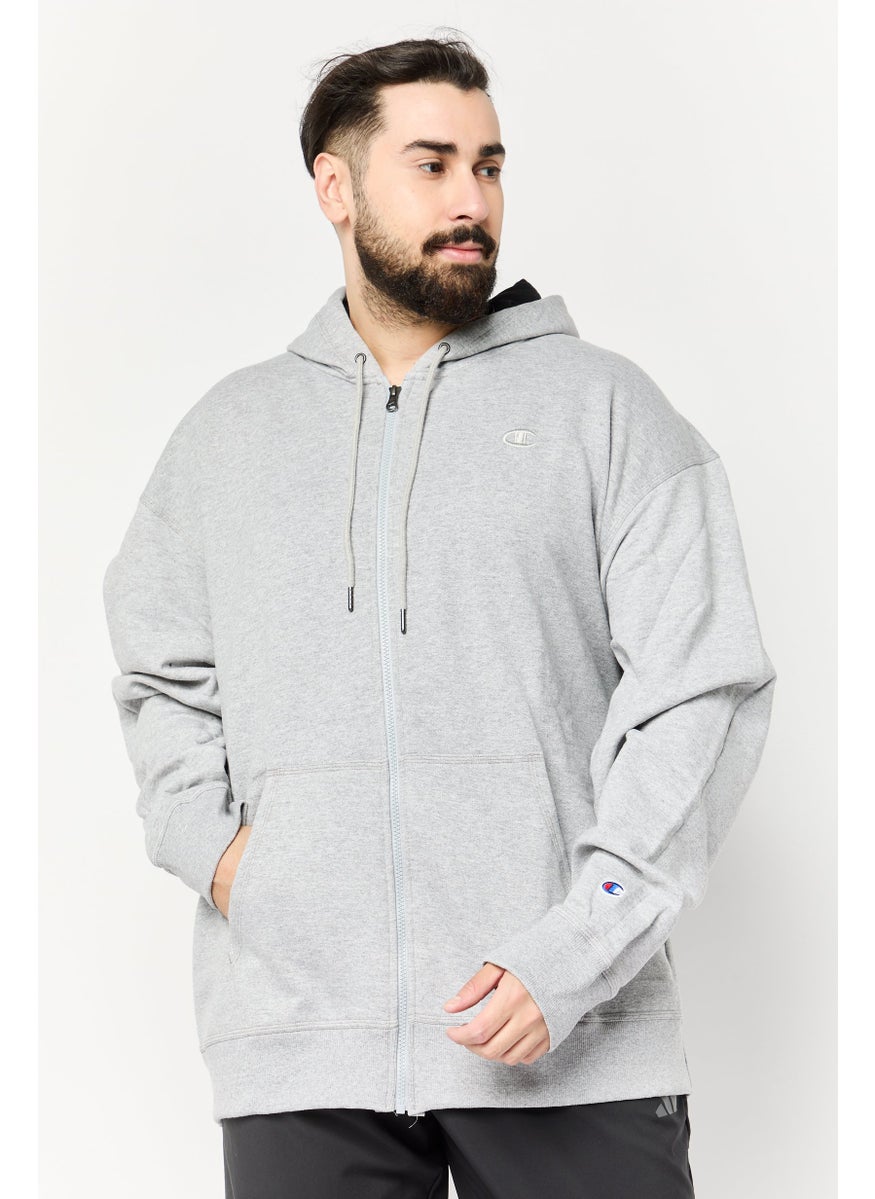 Men Embroidered Logo Long Sleeves Hoodies, Light Grey
