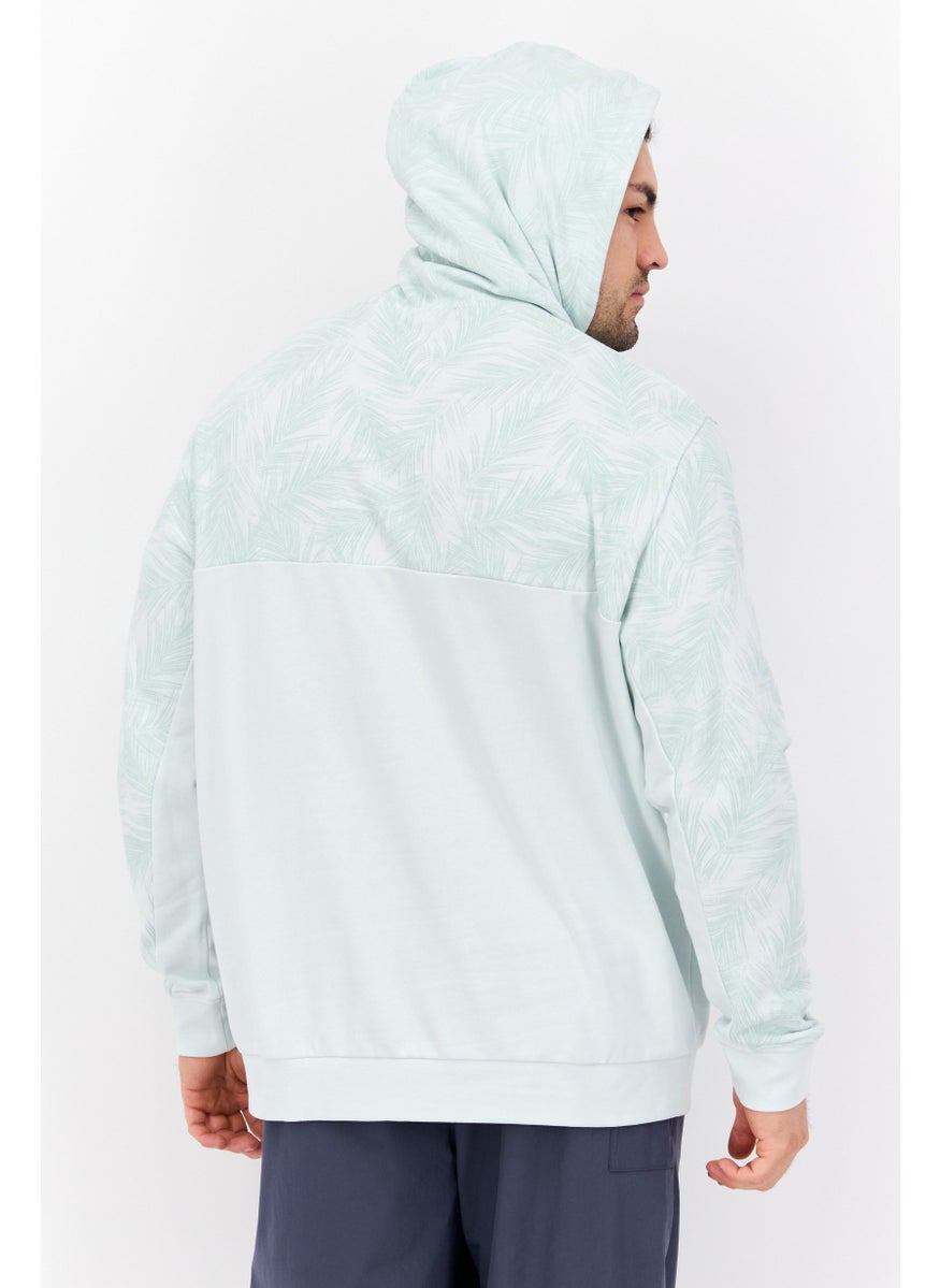 Men Hood Neck Allover Print Long Sleeves Hoodie, Mint Green