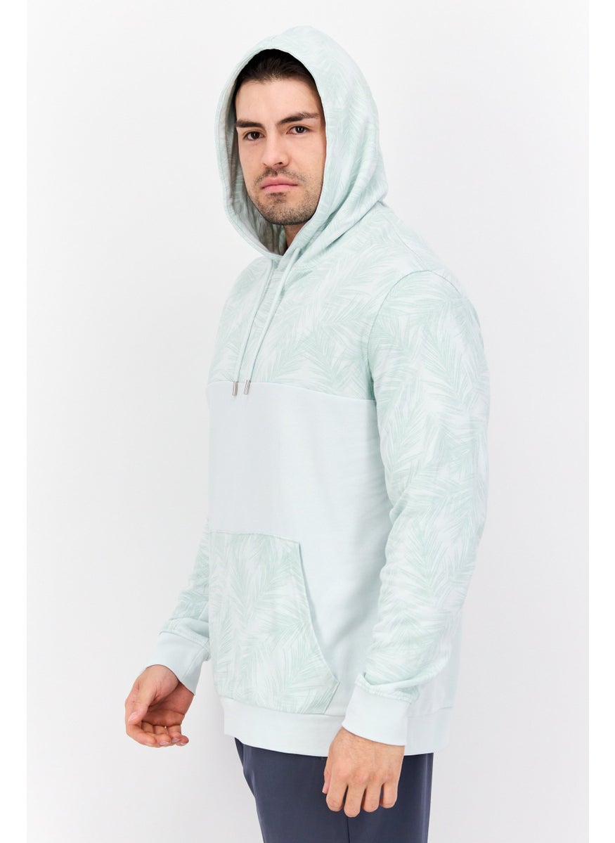 Men Hood Neck Allover Print Long Sleeves Hoodie, Mint Green