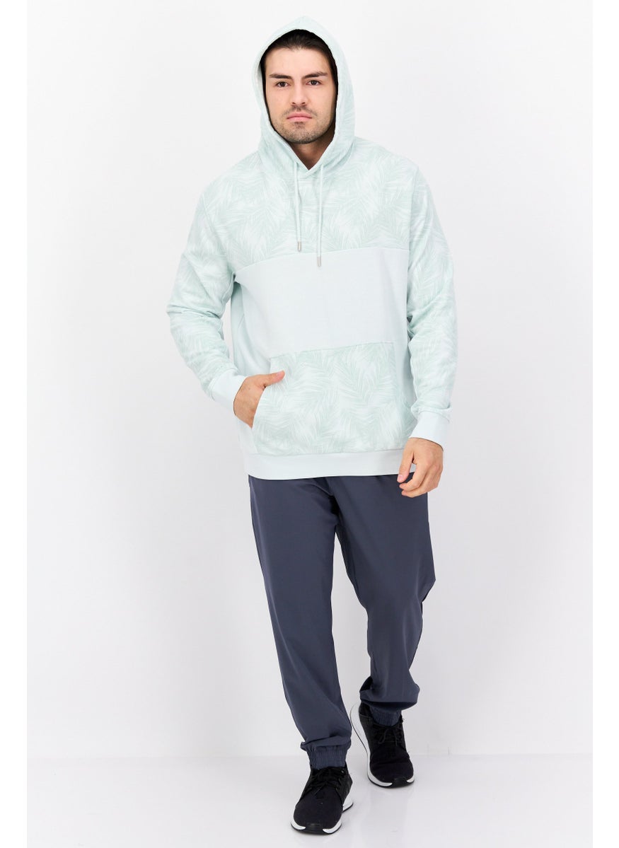 Men Hood Neck Allover Print Long Sleeves Hoodie, Mint Green