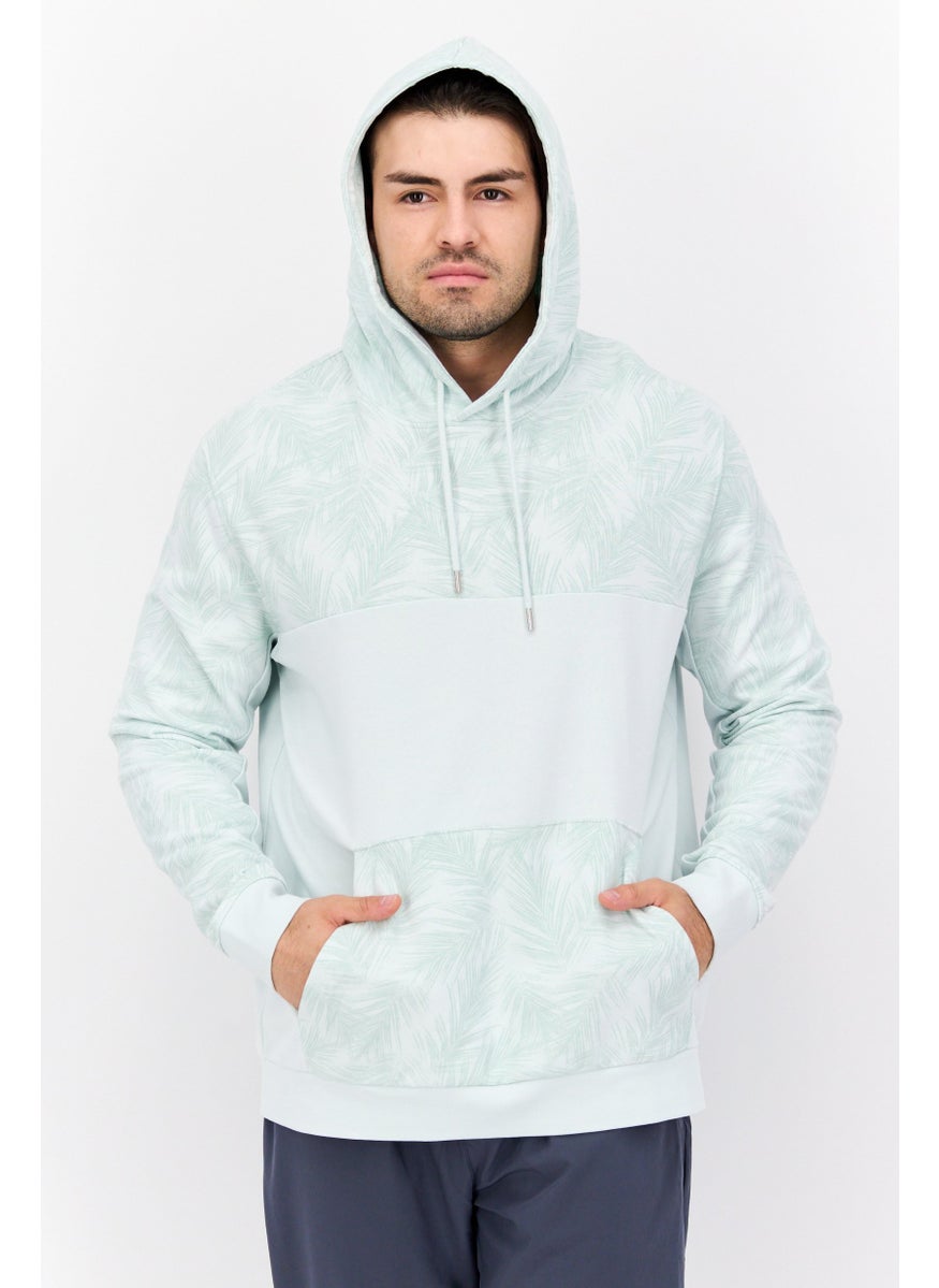 Men Hood Neck Allover Print Long Sleeves Hoodie, Mint Green