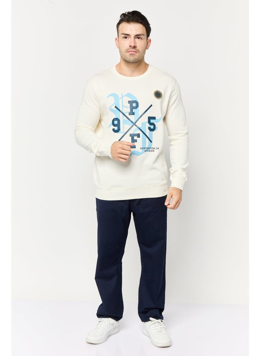 Men Crew Neck Printed Sweatshirts, Off White