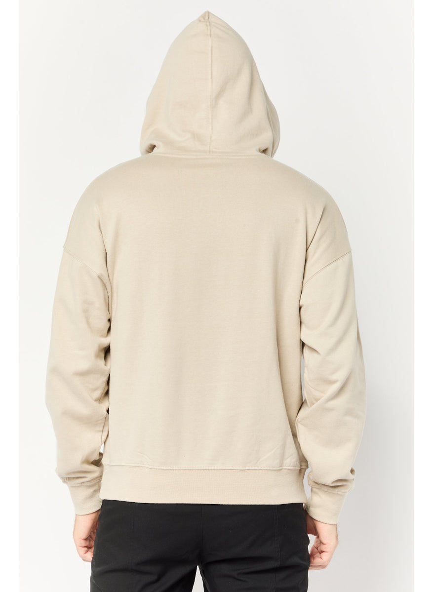 Men Embroidered Long Sleeve Hoodie, Beige