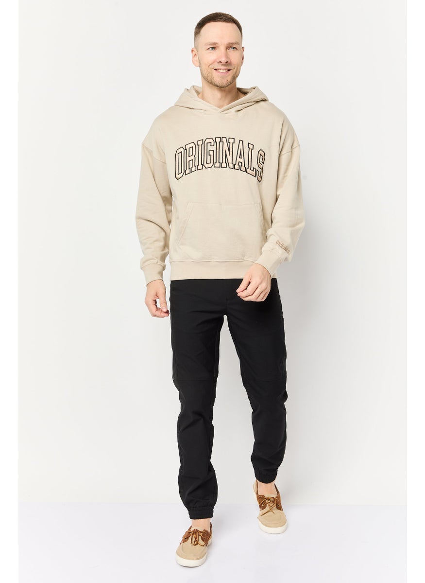 Men Embroidered Long Sleeve Hoodie, Beige