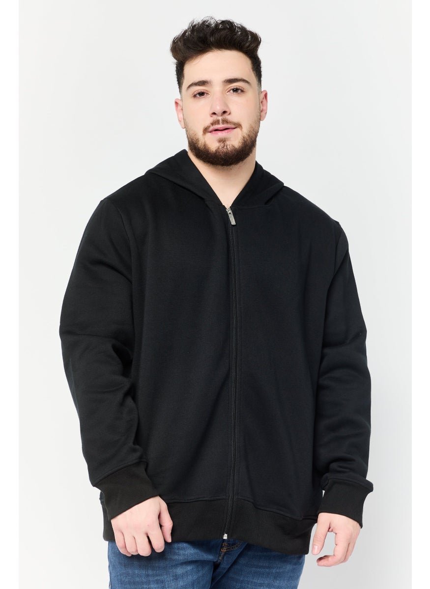 Men Solid Full Zip Long Sleeves Hoodie, Black