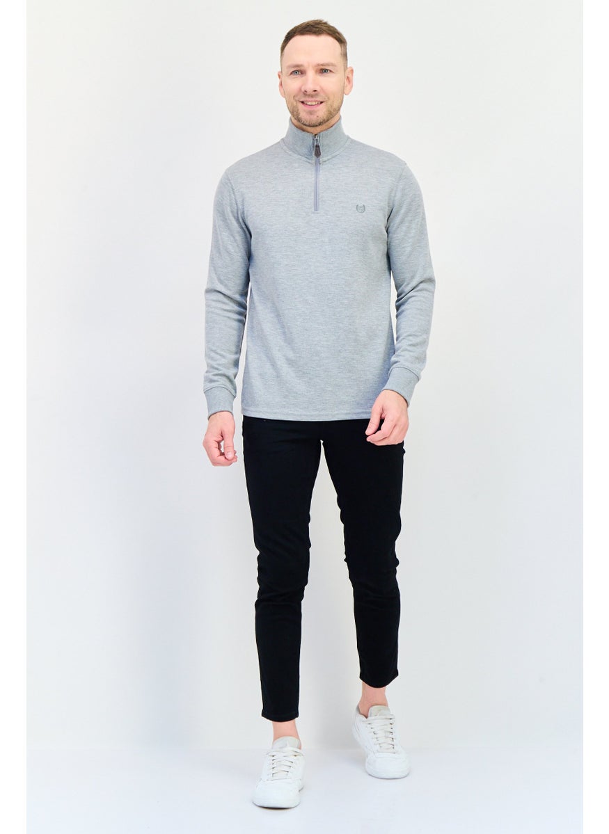 Men Mock Neck Embroidered Logo Sweatshirt, Grey
