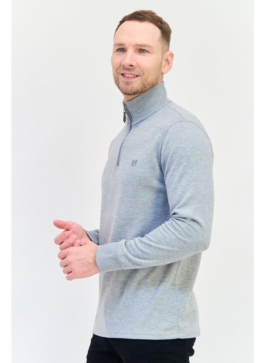 Men Mock Neck Embroidered Logo Sweatshirt, Grey
