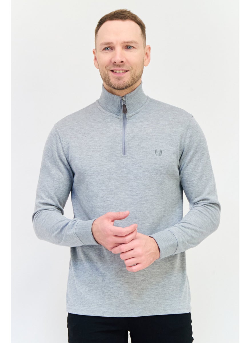 Men Mock Neck Embroidered Logo Sweatshirt, Grey