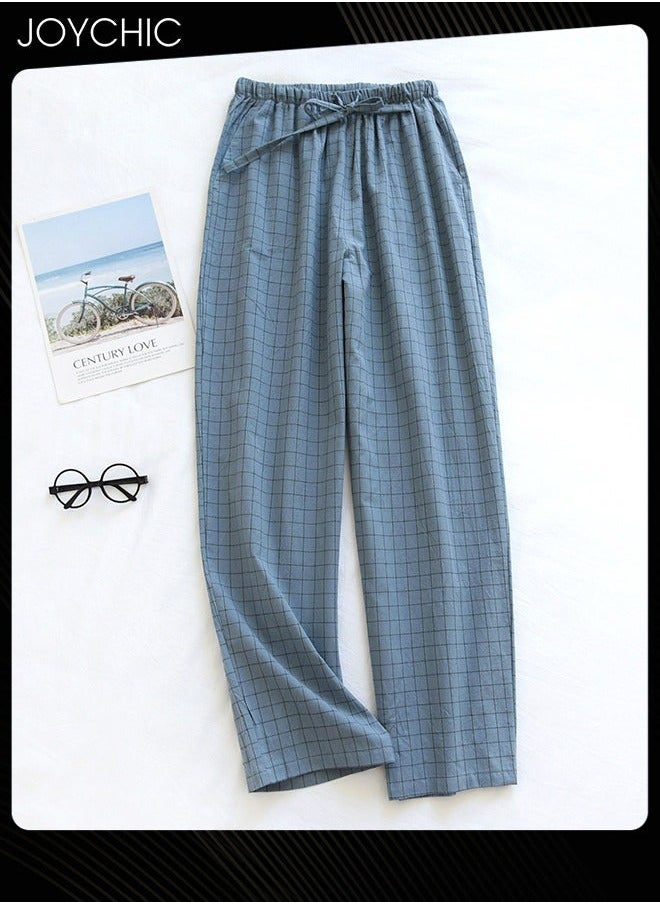 Japanese Style Washed Pure Cotton Men's Pyjama Bottom Spring and Autumn Thin Plaid Pattern Home Pants Large Size Light Blue