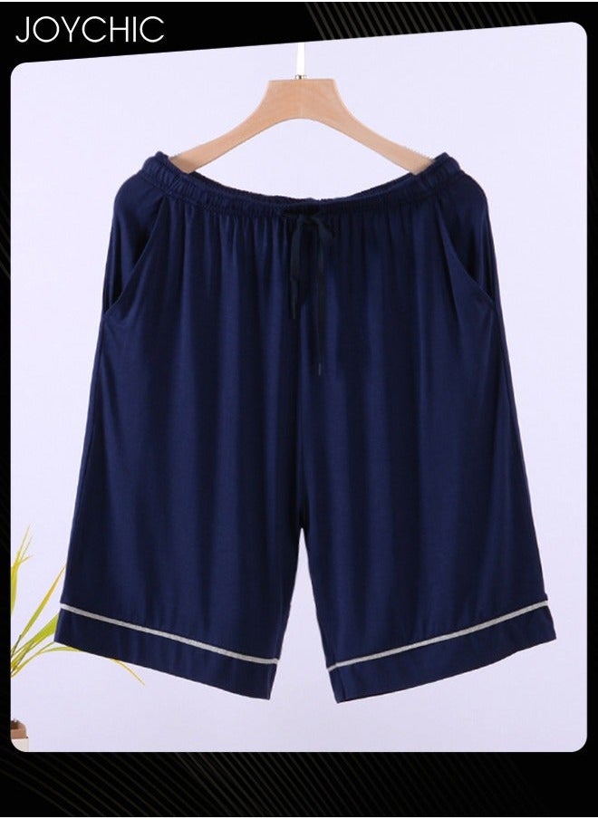 Casual Men's Summer Mid-pants Modal Skin-friendly Breathable Pajama Bottom Male Loose Stretchable Home Sleeping Pants with Pockets Indoor Outdoor Dark Blue