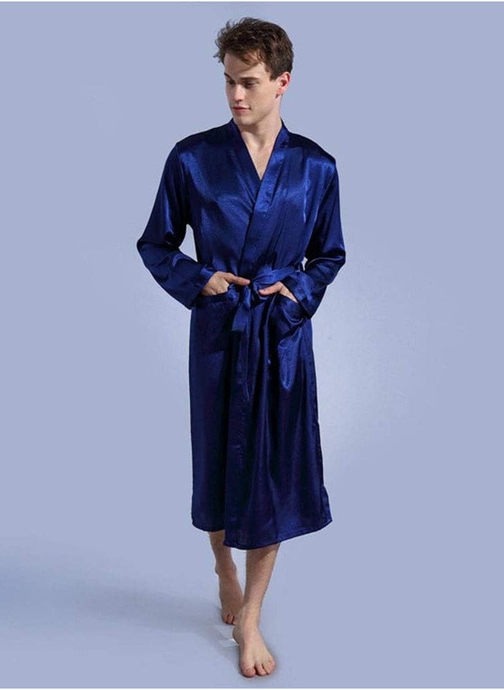 Solid Belted Night Robe Dark Blue