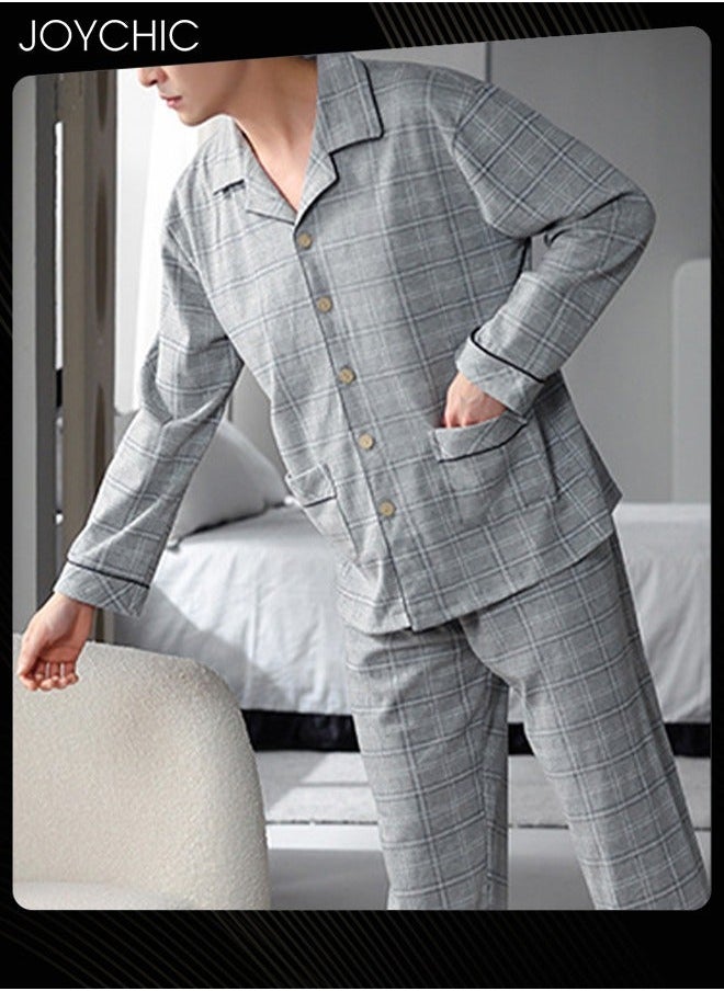 2-Piece of Simple Leisure Men's Pajamas Set Spring and Autumn Pure Cotton Long-sleeved Loose Neckline Design Cardigan Winter Comfortable Bedroom Sleepwear Grey