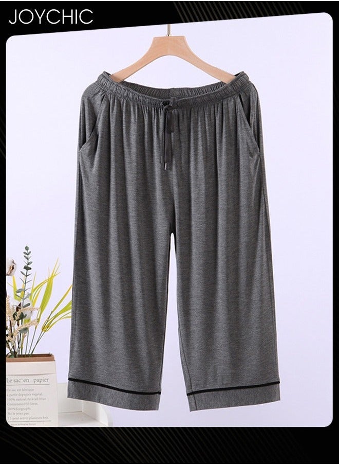 Simple Spring and Summer Men's Modal Cropped Home Sleeping Pants Soft Comfty Stretchable Pajama Bottoms with Pockets Dark Grey