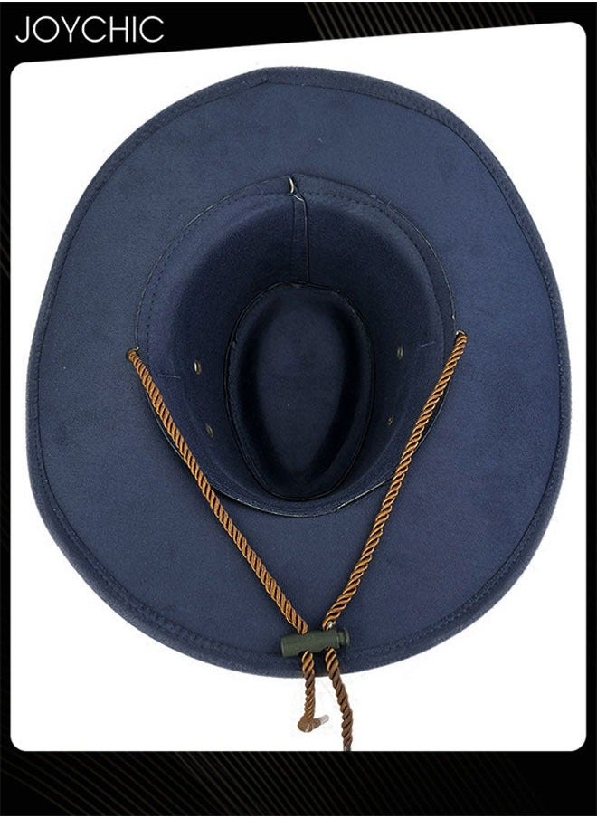 Classic Wide Brim Sun Protection Western Cowboy Style Hat with Adjustable Drawstring for Men Outdoor Travel Camping Navy Blue