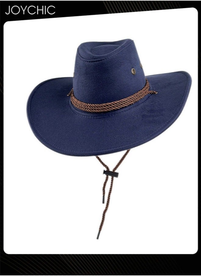 Classic Wide Brim Sun Protection Western Cowboy Style Hat with Adjustable Drawstring for Men Outdoor Travel Camping Navy Blue