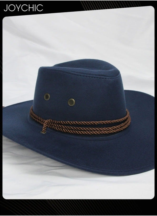 Classic Wide Brim Sun Protection Western Cowboy Style Hat with Adjustable Drawstring for Men Outdoor Travel Camping Navy Blue