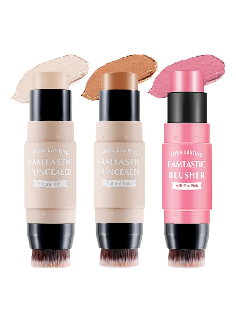 3 Pcs Waterproof Multi Cream Blush Stick with Brush - Lightweight, Long-lasting 2-in-1 Makeup for Cheeks, Lips & Eyeshadow, Easy to Use, Suitable for All Skin Types.