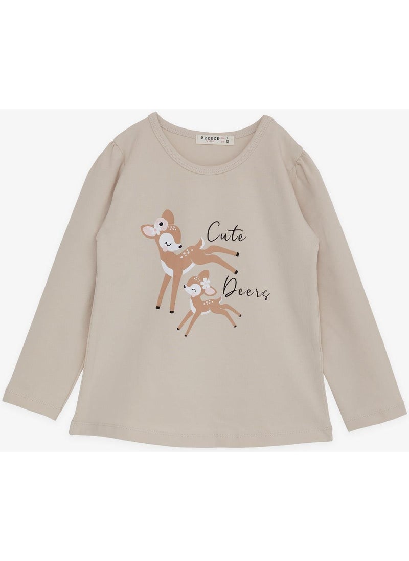 Girl's Long Sleeve T-Shirt Cute Deers Printed 2-6 Years, Beige