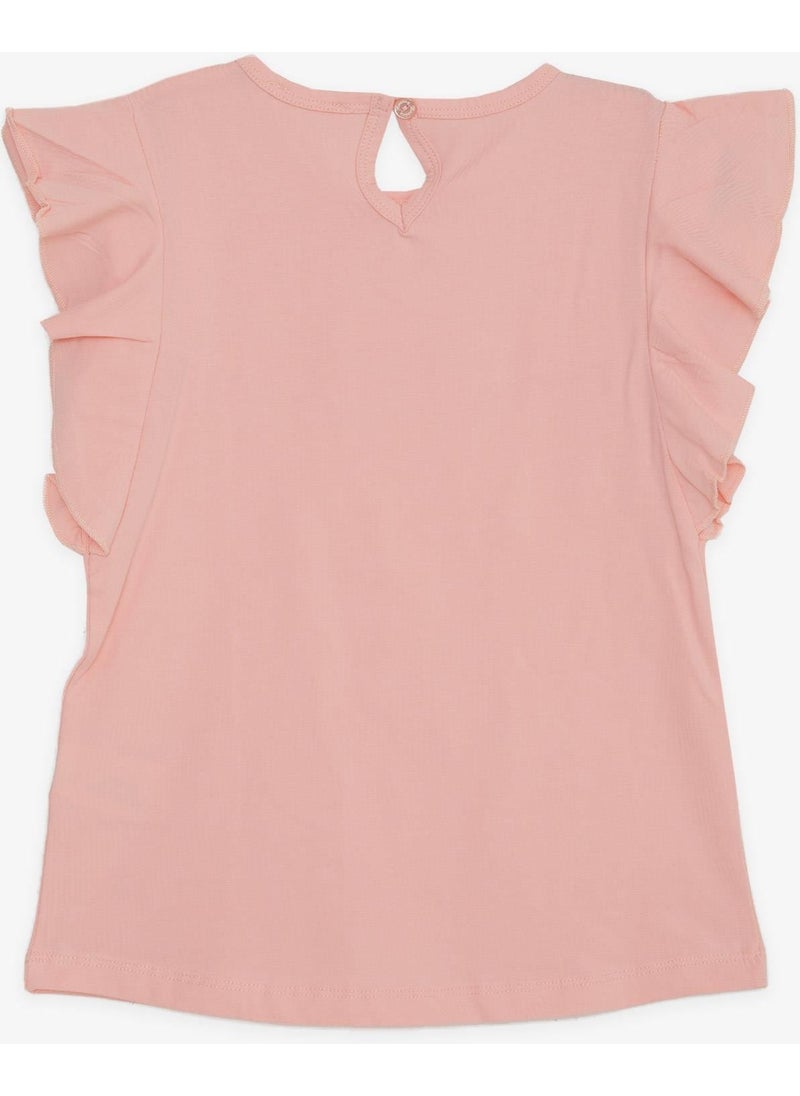 Girl's T-Shirt with Frilly Sleeves and Embroidery Lacing, Age 6-12, Salmon