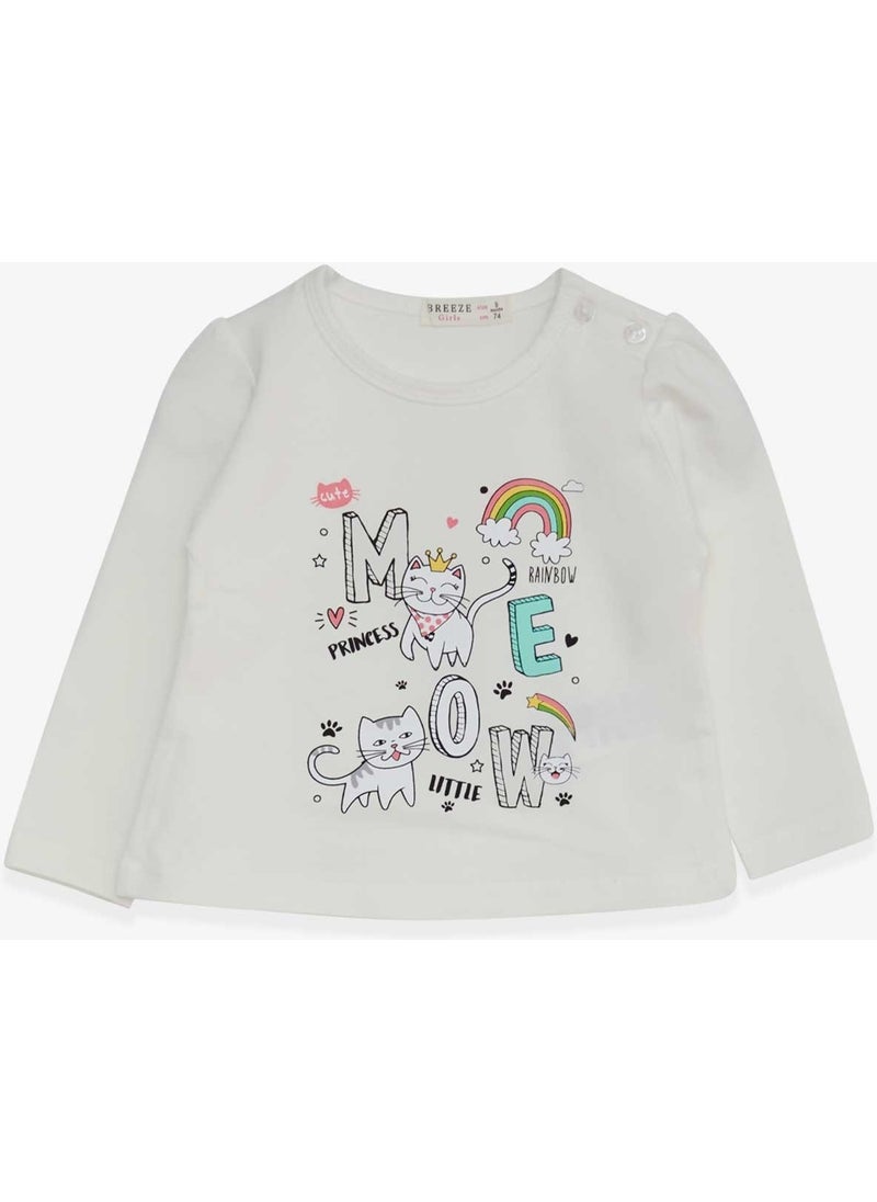 Baby Girl Long Sleeve T-Shirt Kitten Printed 9 Months-3 Years, Ecru