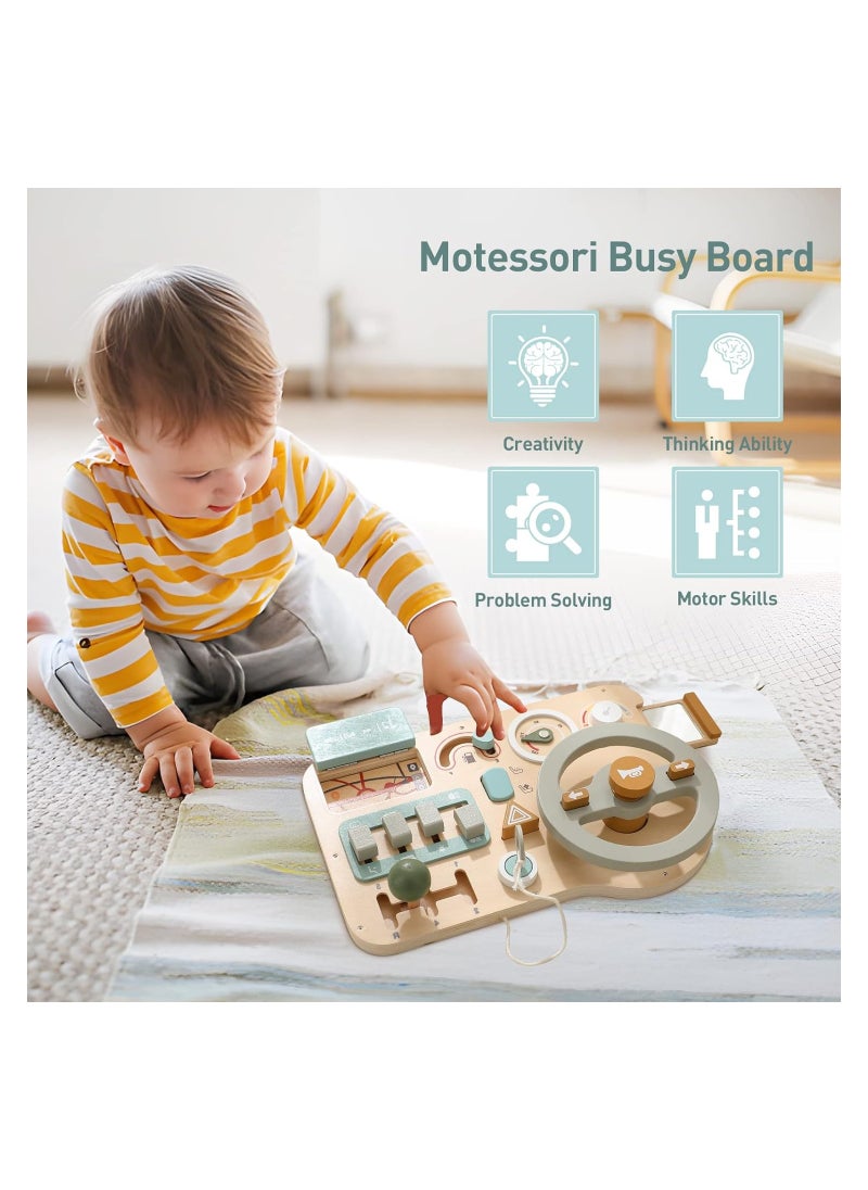 Montessori Wooden Car Steering Wheel Busy Board for Toddlers, Sensory Activity Toy to Enhance Fine Motor Skills and Educational Play, Perfect Gift for Kids.