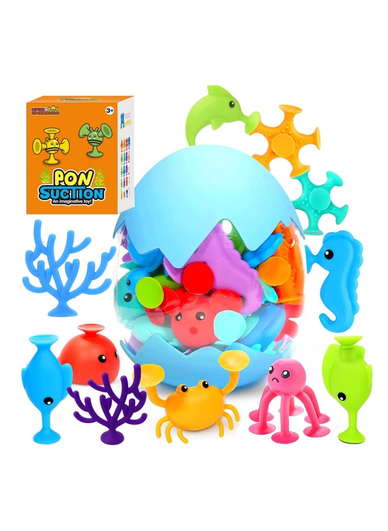 18pcs Suction Bath Toys for Kids, Silicone Ocean Animal Cup Toys, Fine Motor Skills Development, Sensory Travel Toys for Toddlers, Educational Gift for Ages 3 and Up