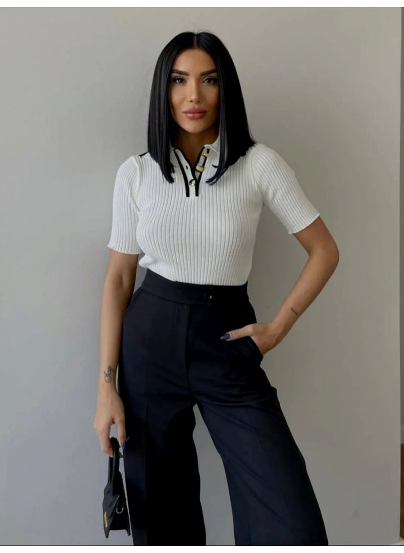 Women's Knitwear Blouse Polo Neck Buttoned Short Sleeve White