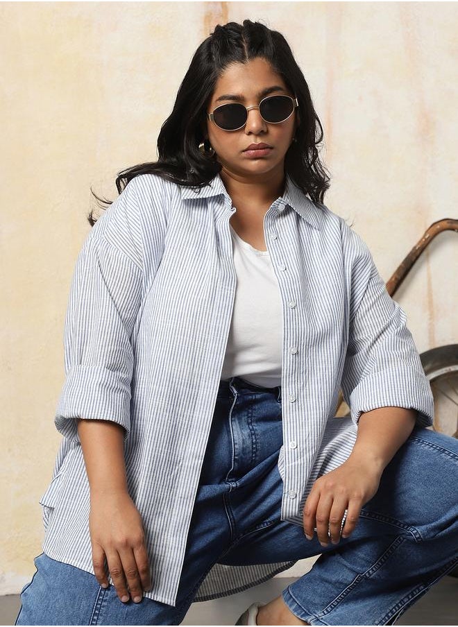 Women Oversized Fit Opaque Casual Cotton Striped Shirt