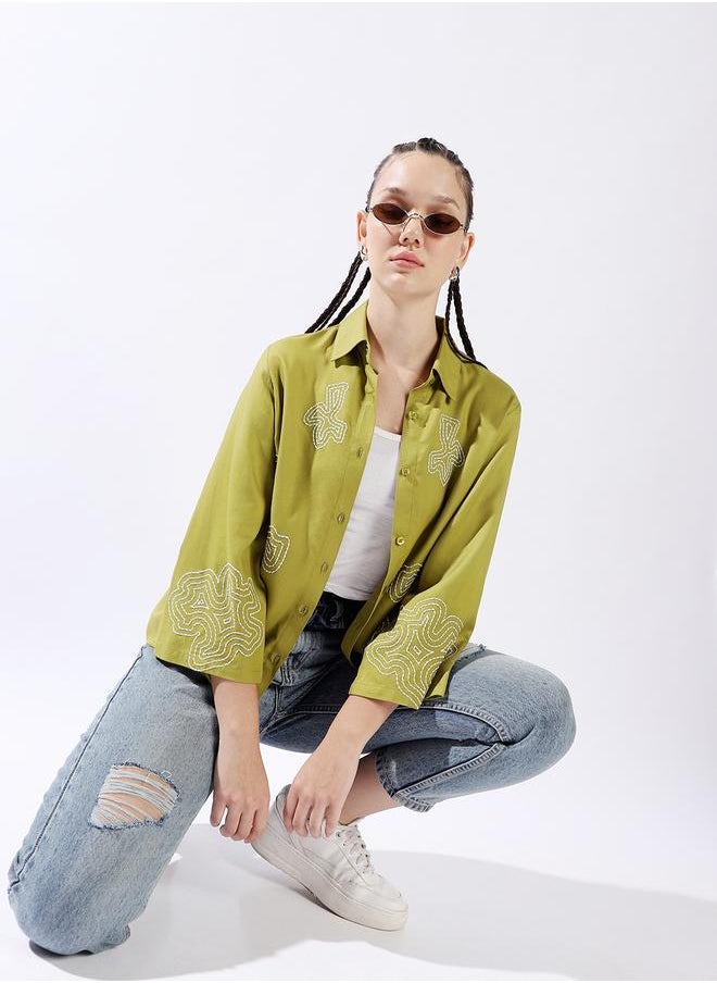 Women Oversized Fit Embroidered Casual Shirt