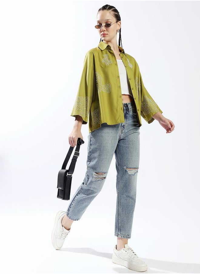 Women Oversized Fit Embroidered Casual Shirt