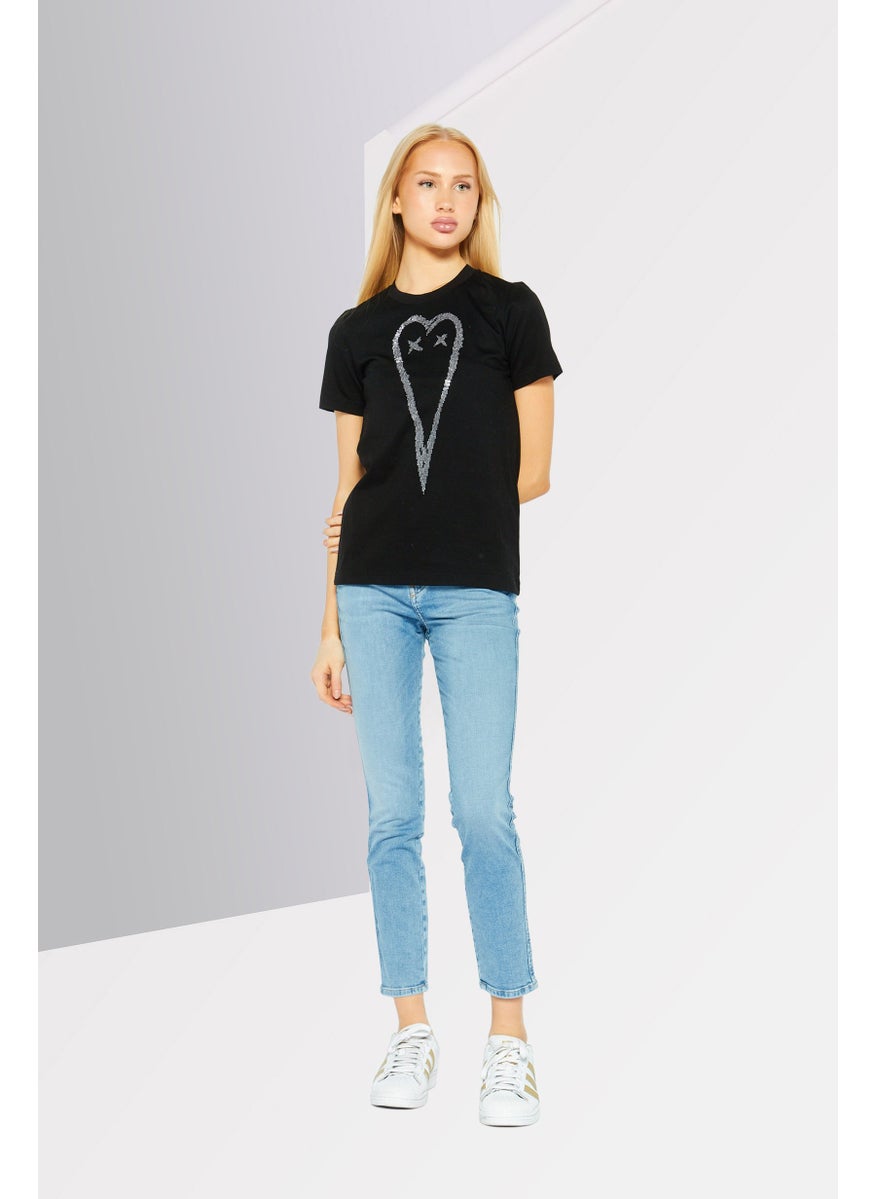 Women Crew Neck Short Sleeve Graphic Top, Black