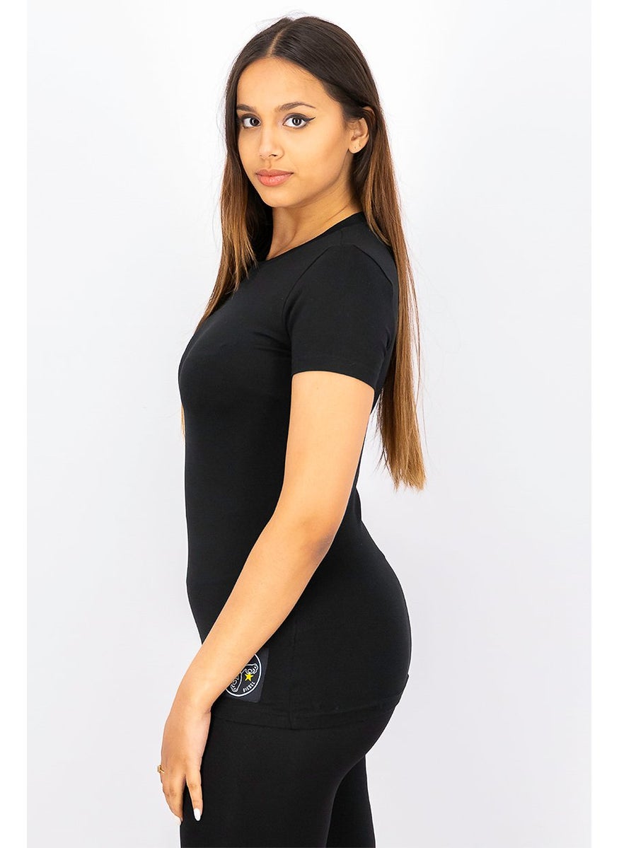 Women Crew Neck Short Sleeve Embroidered Top, Black
