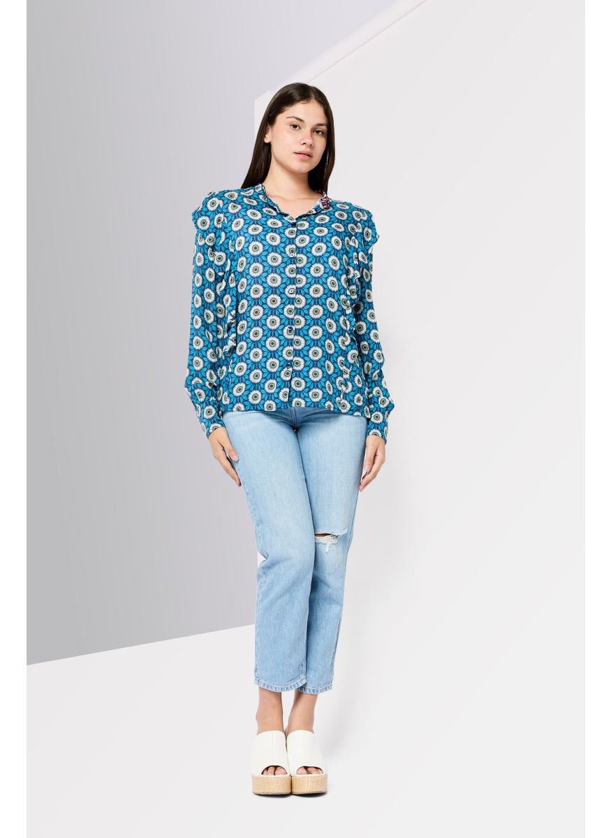 Women Mock Neck Long Sleeves Floral Print Blouse, Multicolor