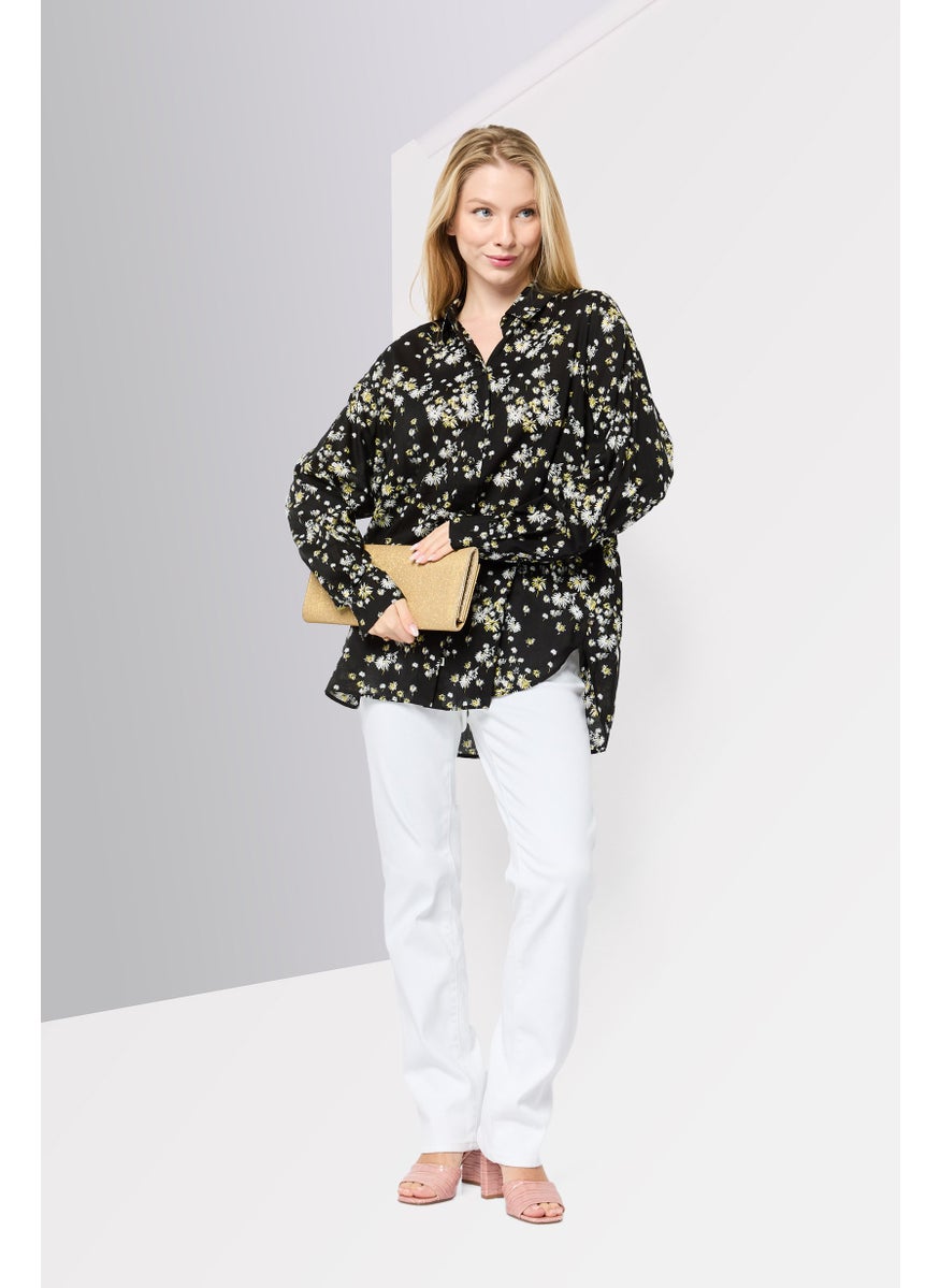 Women Spread Collar Long Sleeves Floral Print Shirt, Multicolor