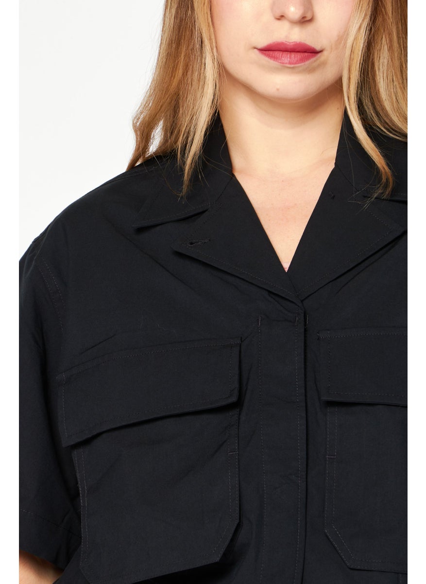 Women Spread Collar Short Sleeves Plain Shirt, Black
