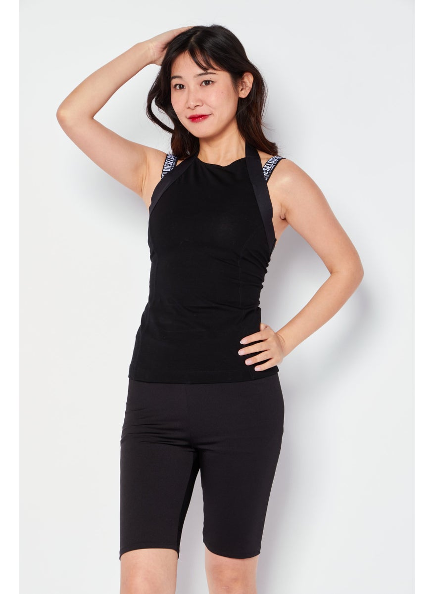 Women Halter Neck Sleeveless Brand Logo Tops, Black/White