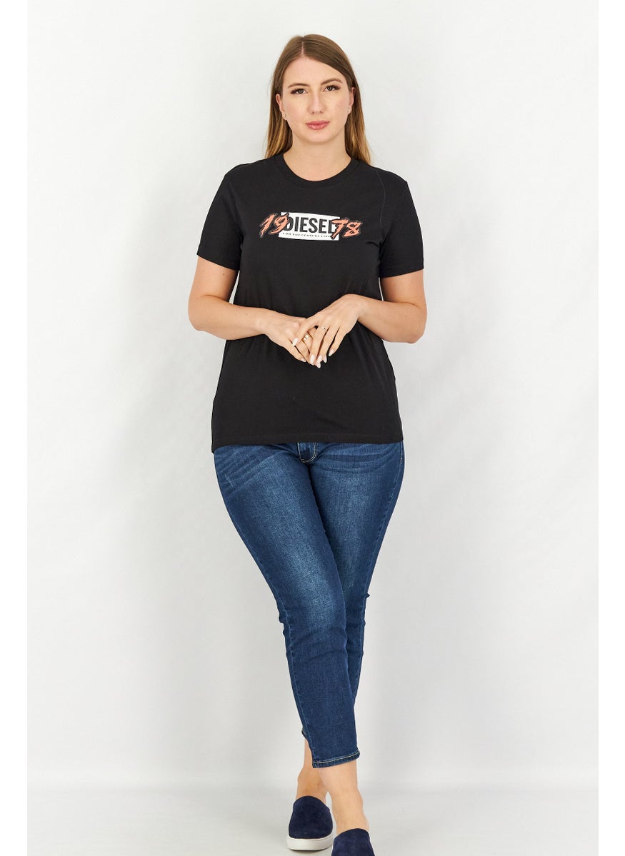 Women Crew Neck Short Sleeve Brand Logo T-Shirt, Black