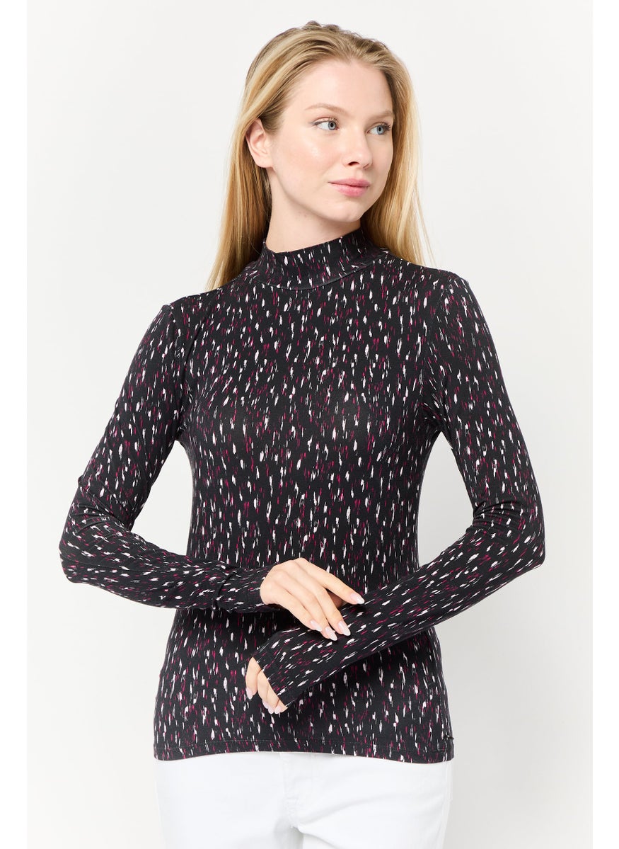 Women Mock Neck Long Sleeves Allover Print Top, Multicolor