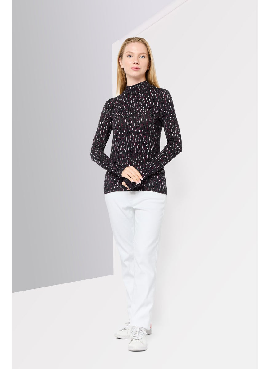 Women Mock Neck Long Sleeves Allover Print Top, Multicolor